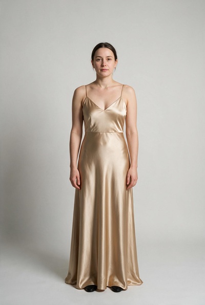 Same person wearing the evening dress from the reference photo