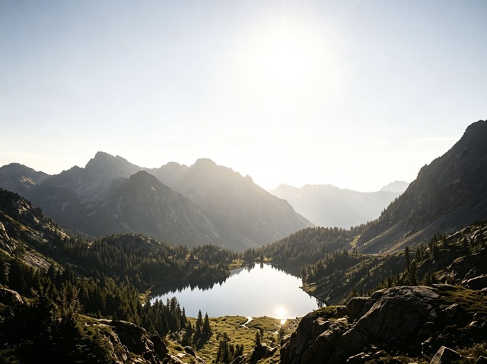 The same mountain lake after AI HDR enhancement, with a balanced sky and shoreline
