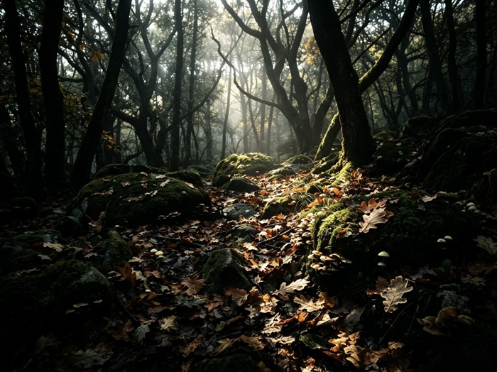 The same forest floor after AI HDR enhancement, with moss and rock texture visible