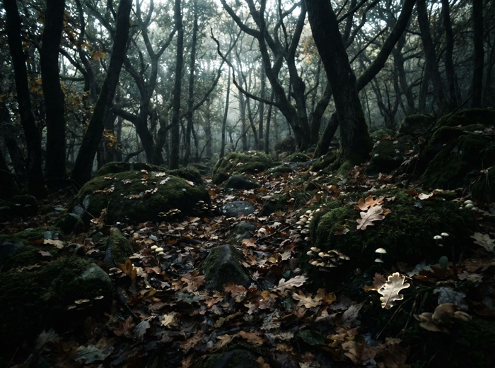 Dim forest floor with mossy rocks, the original photo