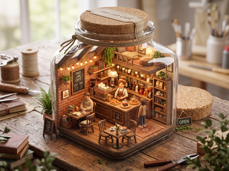 AI が生成した瓶の中のコーヒーショップの 3D イラスト