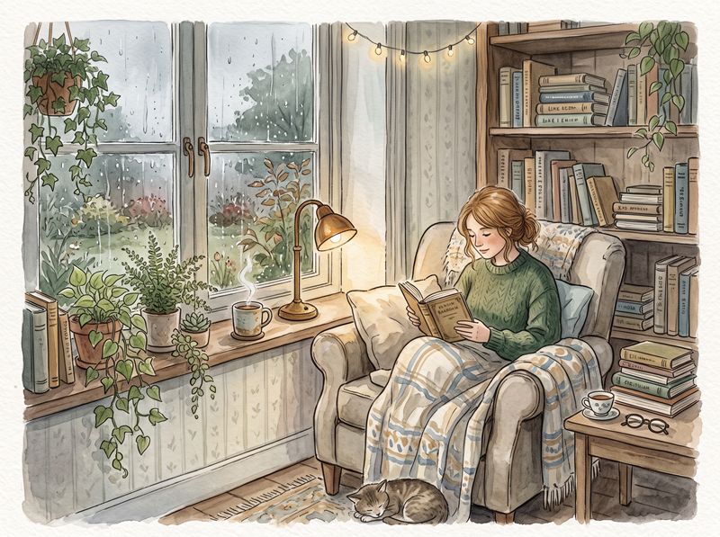 プロンプトから生成した読書コーナーの水彩イラスト